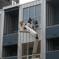 Our 55 foot bucket truck being used to clean condominium windows in the Arena District, near the Short North of Columbus, Ohio
